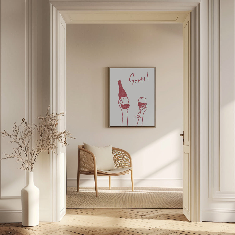 Händer som håller en vinflaska och ett vinglas med texten "Skål!" på franska | Poster