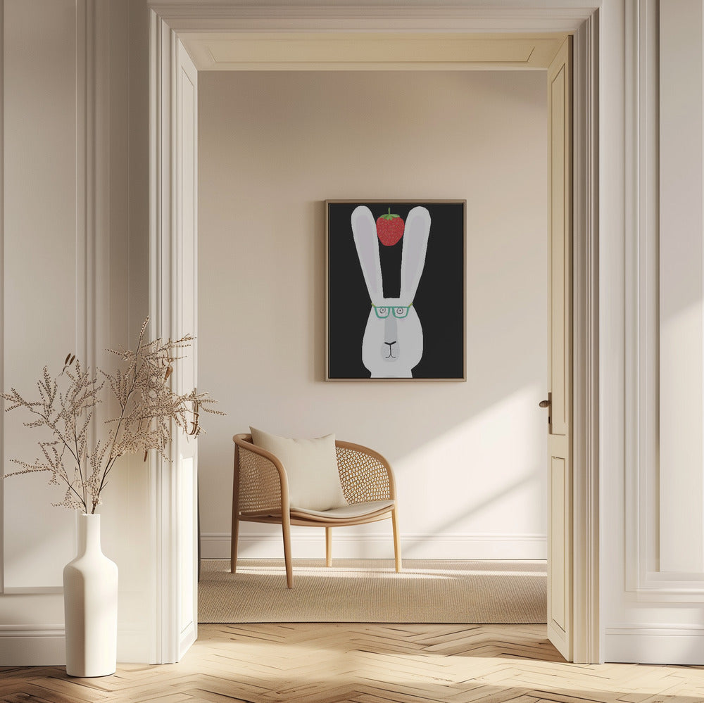 Cute White Rabbit with Strawberry by Artist Carla Daly | Poster