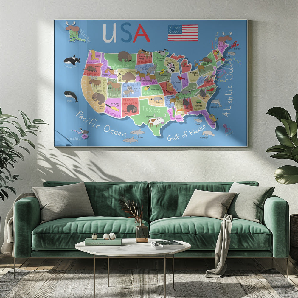 Mappa illustrata degli Stati Uniti d'America di Carla Daly | Stampe su Tela
