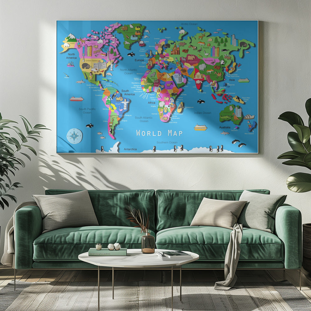 Carte du monde illustrée avec pays et continents par Carla Daly | Toile