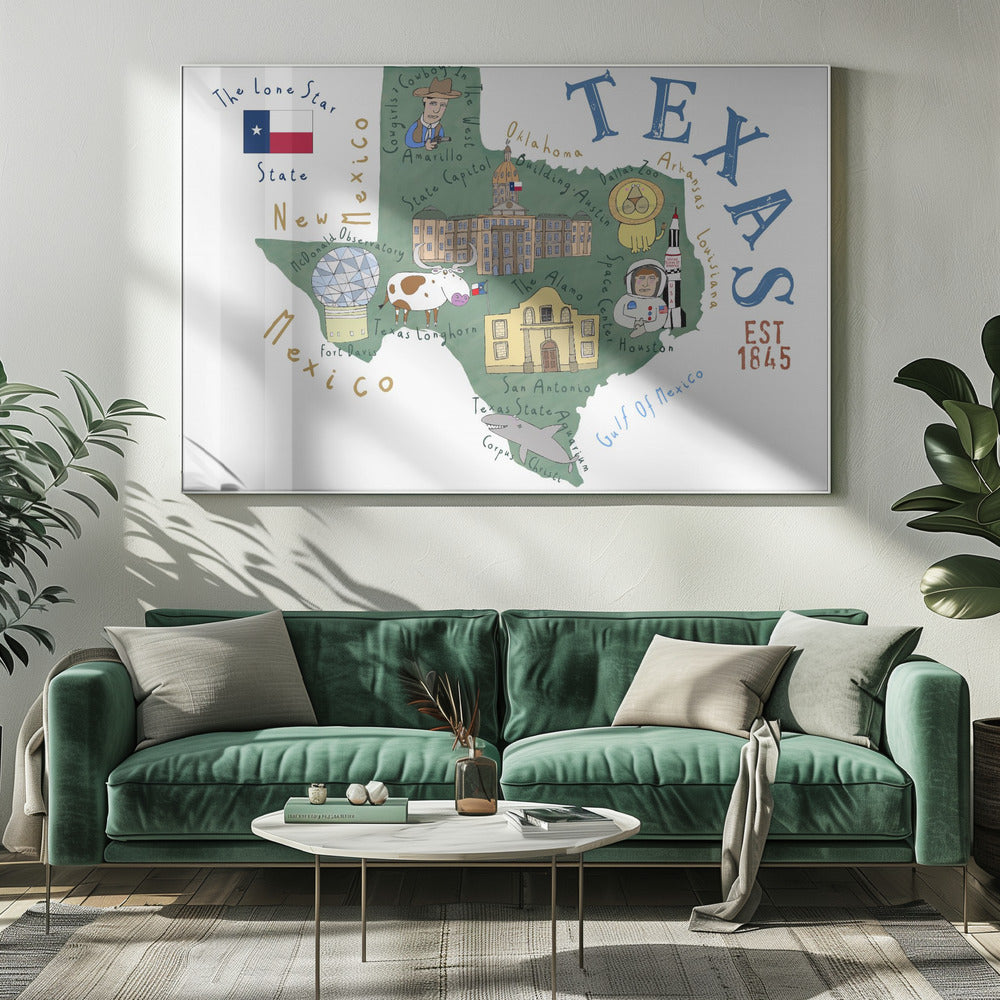 Carte de l'État du Texas illustrée par l'artiste Carla Daly | Toile