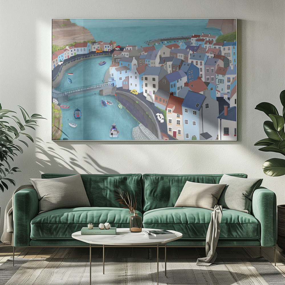 Vue aérienne de Staithes, Royaume-Uni, par l'artiste Carla Daly | Toile