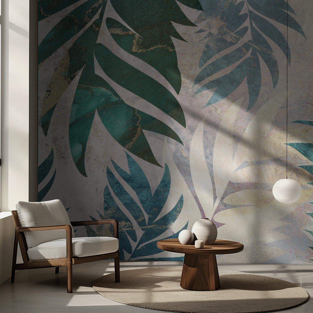 Papier peint mural en marbre doré et vert feuilles | Fonds d'écran