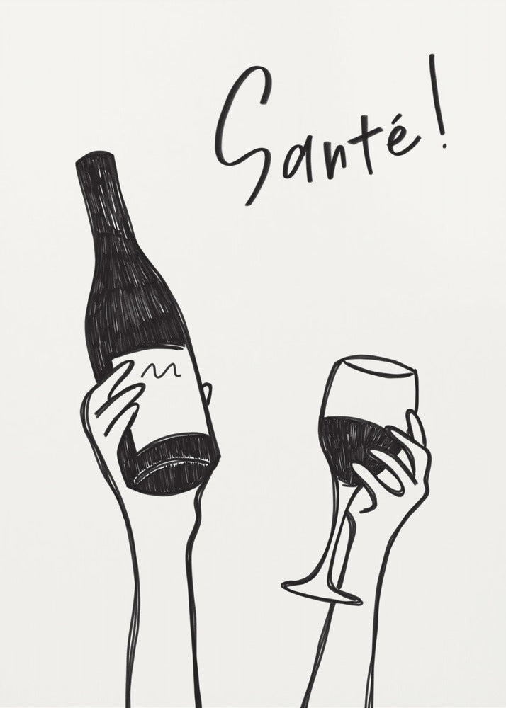 Hands holding a wine bottle and a wine glass with the text "Cheers!" in French | Poster