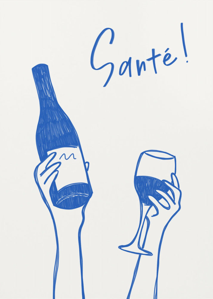 Hände halten eine Weinflasche und ein Weinglas mit dem Text „Prost!“ auf Französisch | Poster