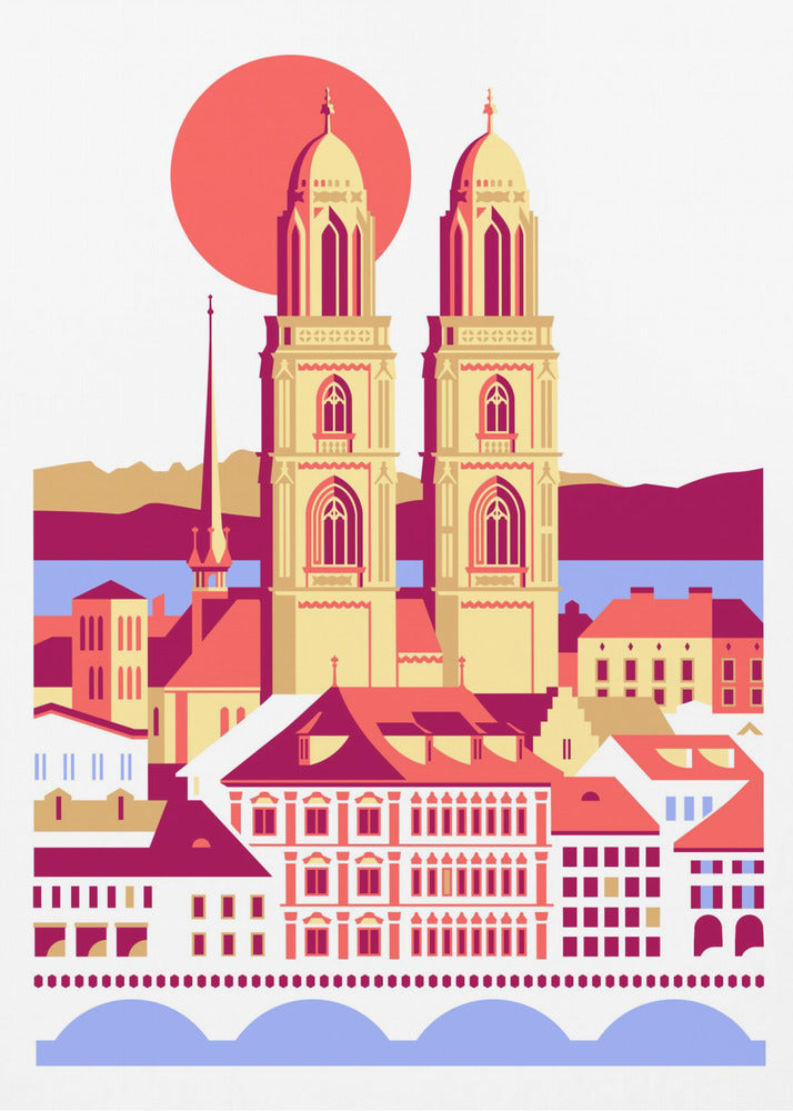 Città di Zurigo, Svizzera, montagne estive svizzere, illustrazione della città, vintage Poster - Stampe d’Arte | Stampe su Tela