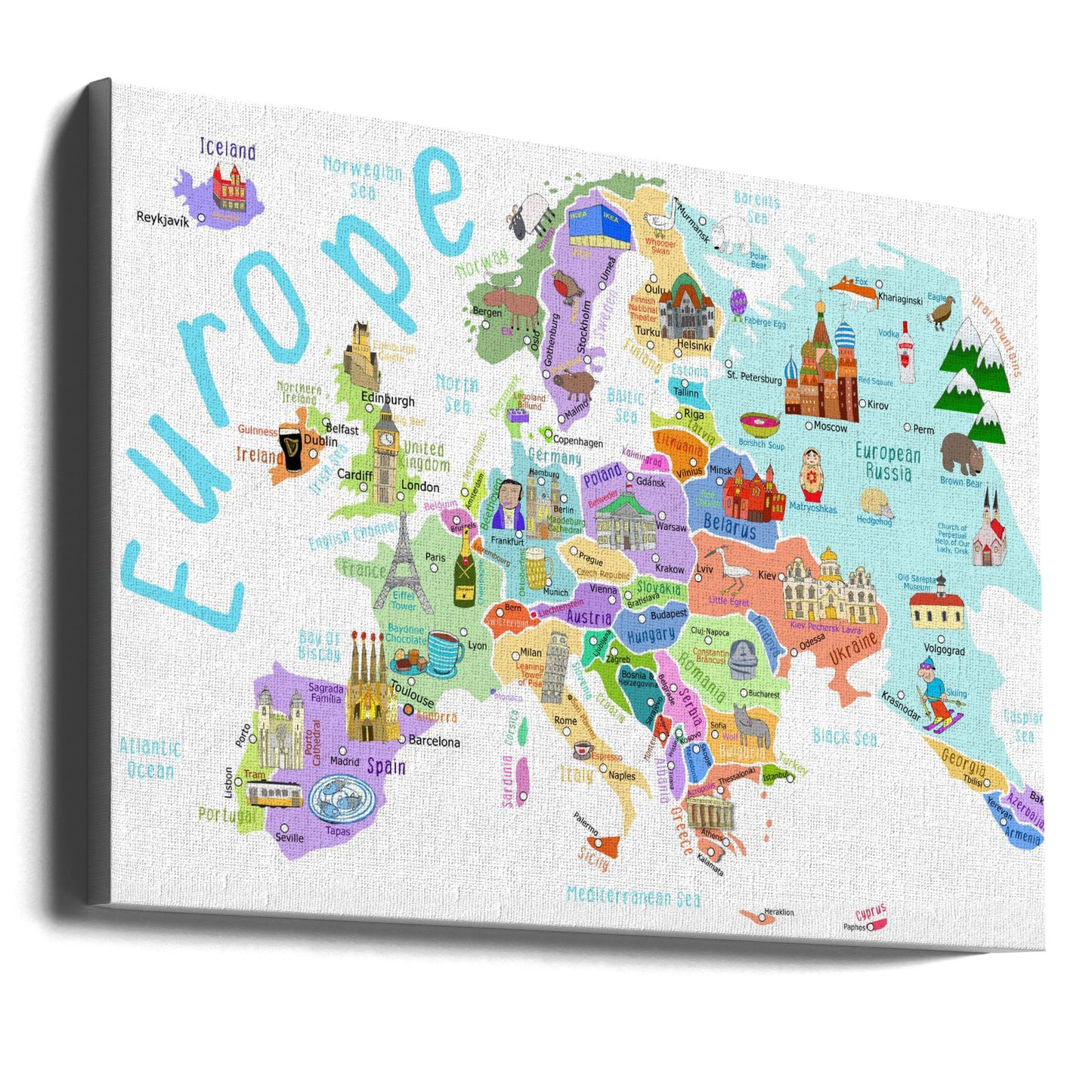 Mappa illustrata dell'Europa realizzata dall'illustratrice Carla Daly | Stampe su Tela