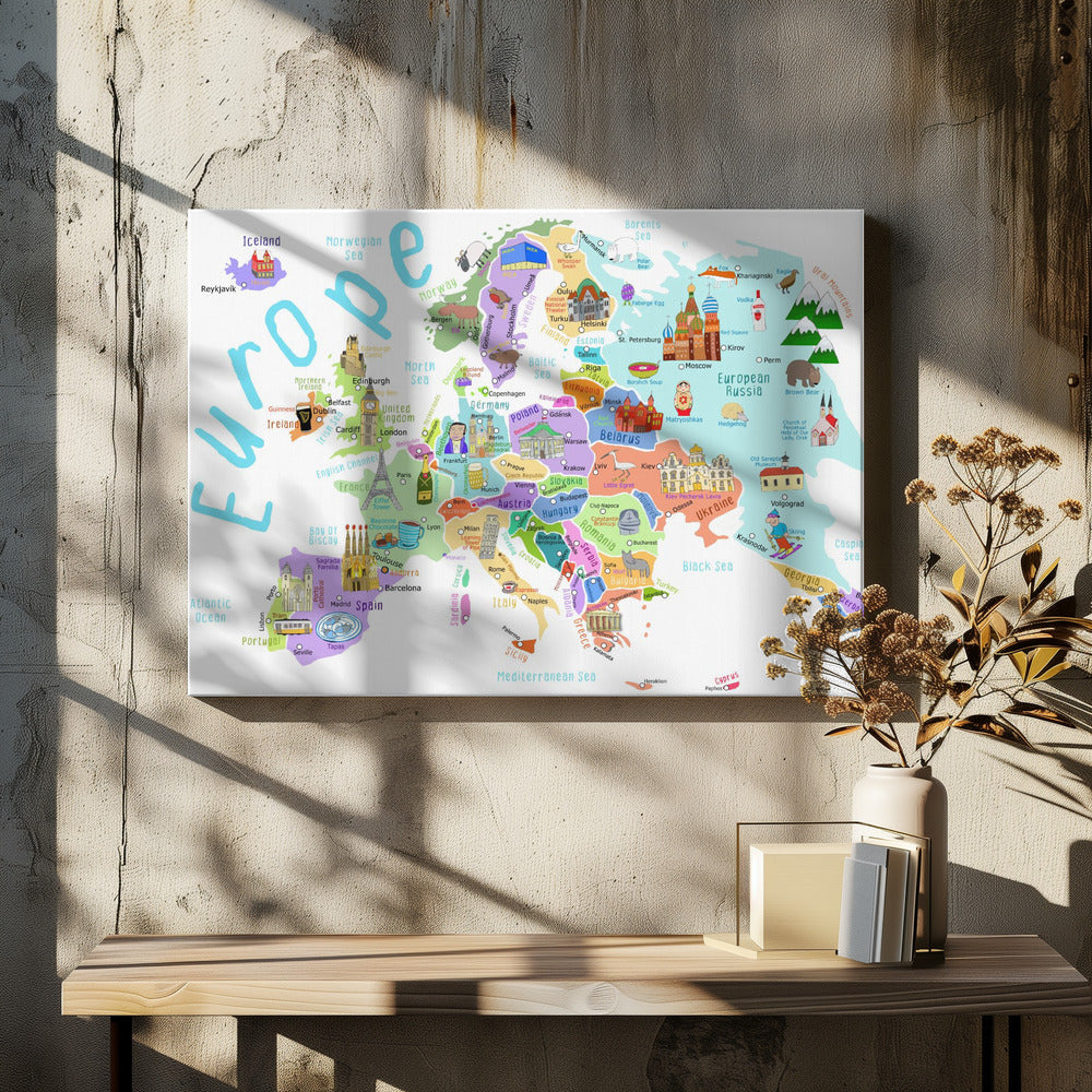 Mappa illustrata dell'Europa realizzata dall'illustratrice Carla Daly | Stampe su Tela