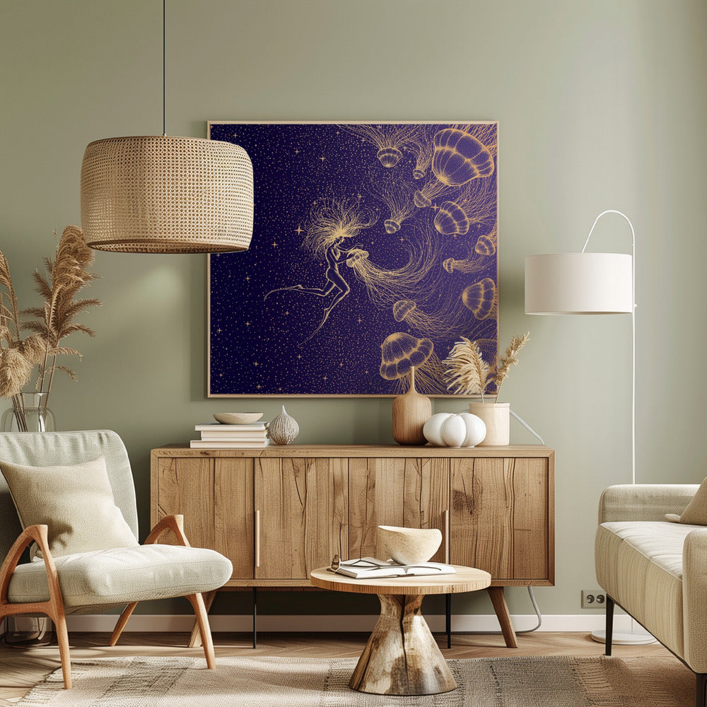 Starry Jellyfish and Diver (golden Lines &amp; Purple Space) | Canvas