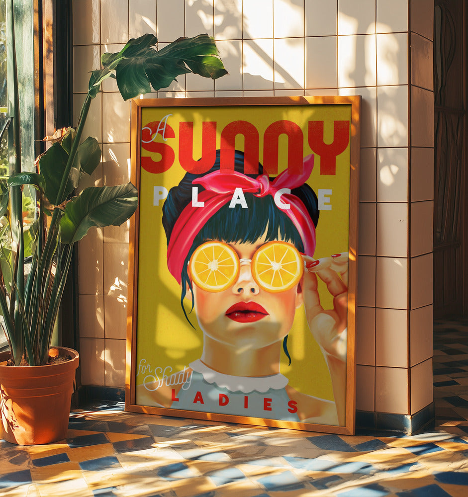 En solig plats för skuggiga damer Orange pinupkonst | Poster