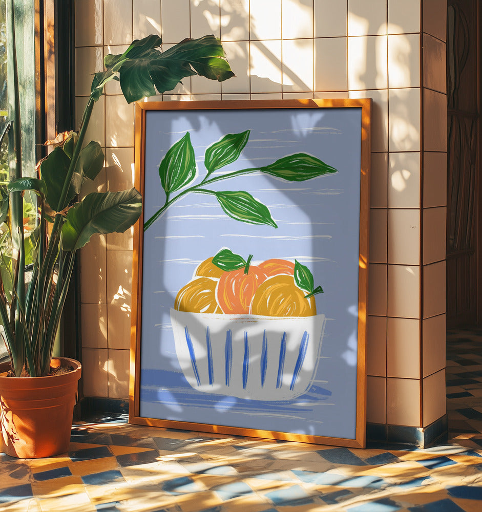 Apelsiner och blad i en vit skål | Poster