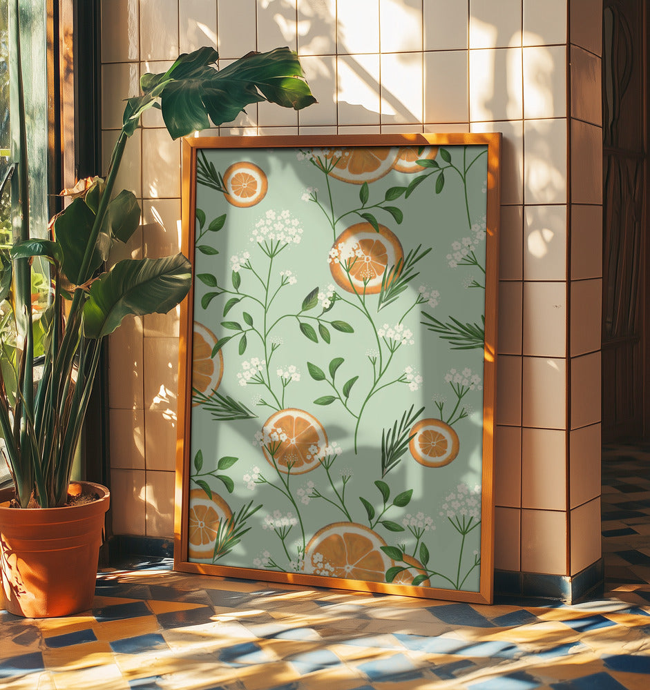 Holunderblüten und Orangen Hellgrün | Poster