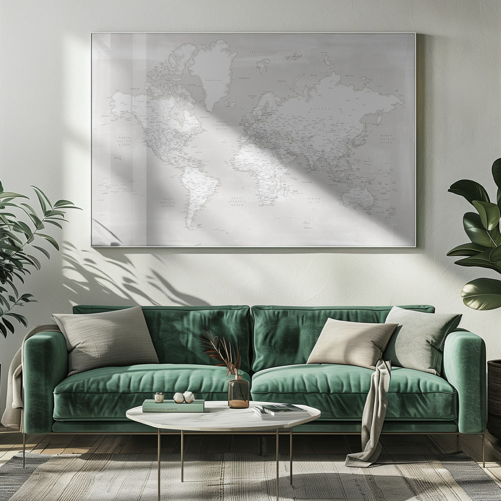 Carte du monde détaillée avec villes, Maeli neutre | Tableaux sur Toile