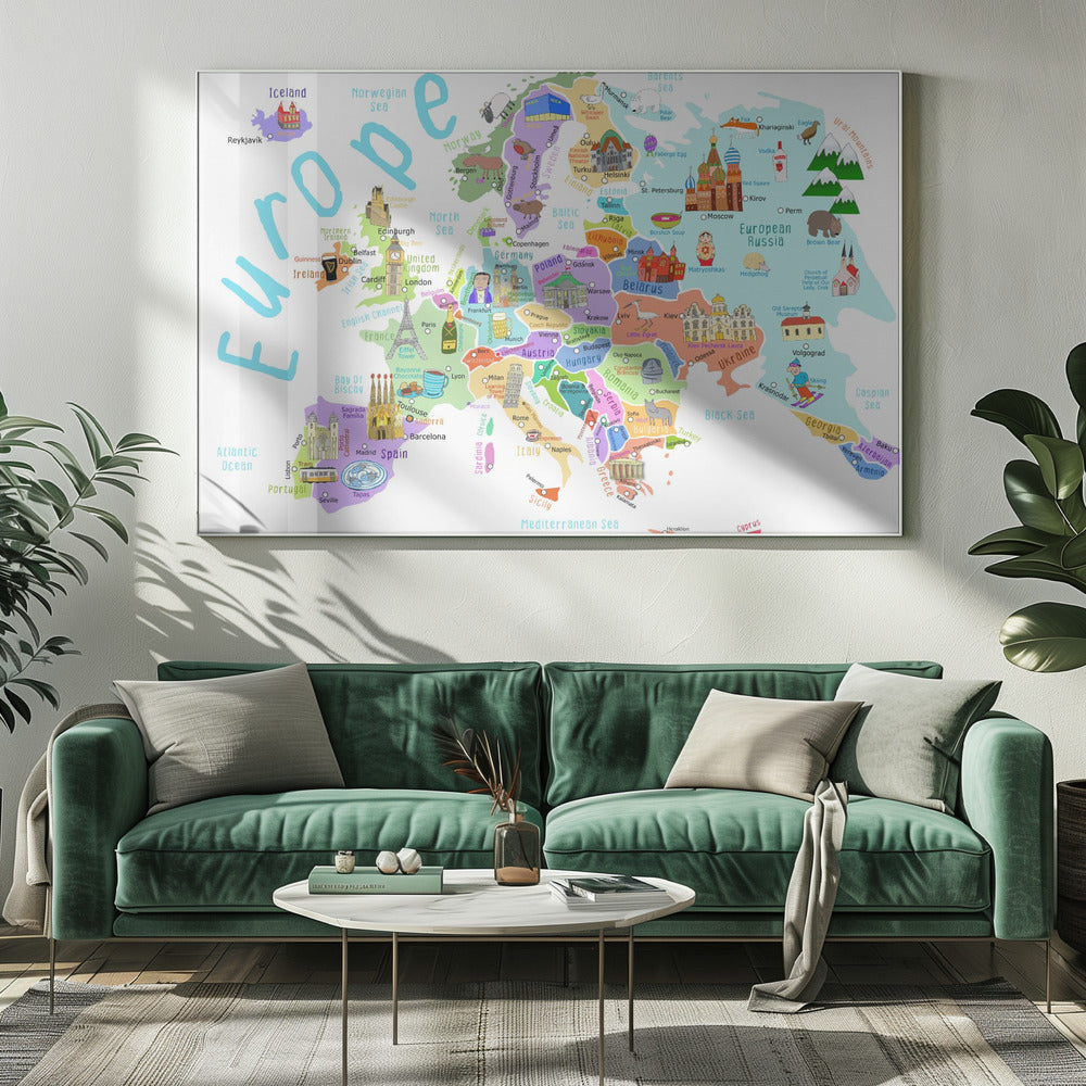 Mappa illustrata dell'Europa realizzata dall'illustratrice Carla Daly | Stampe su Tela