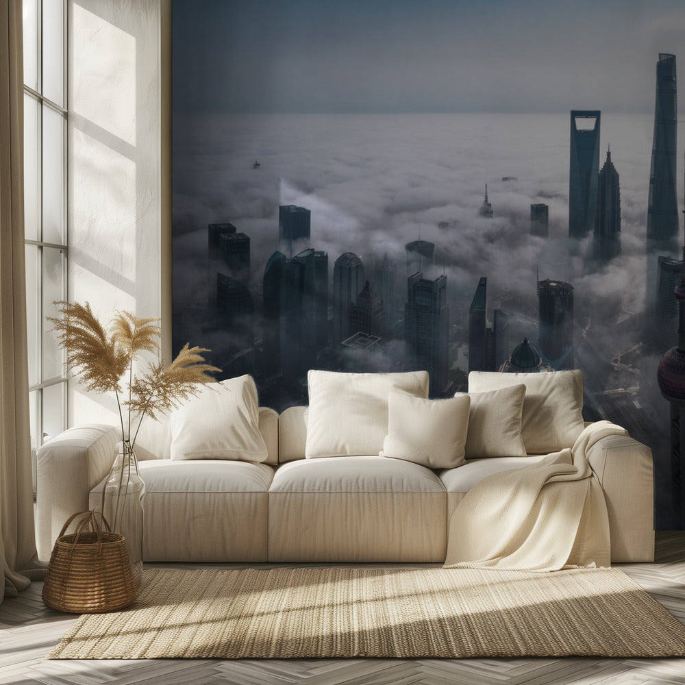 Shanghai im Nebel von oben | Fototapeten