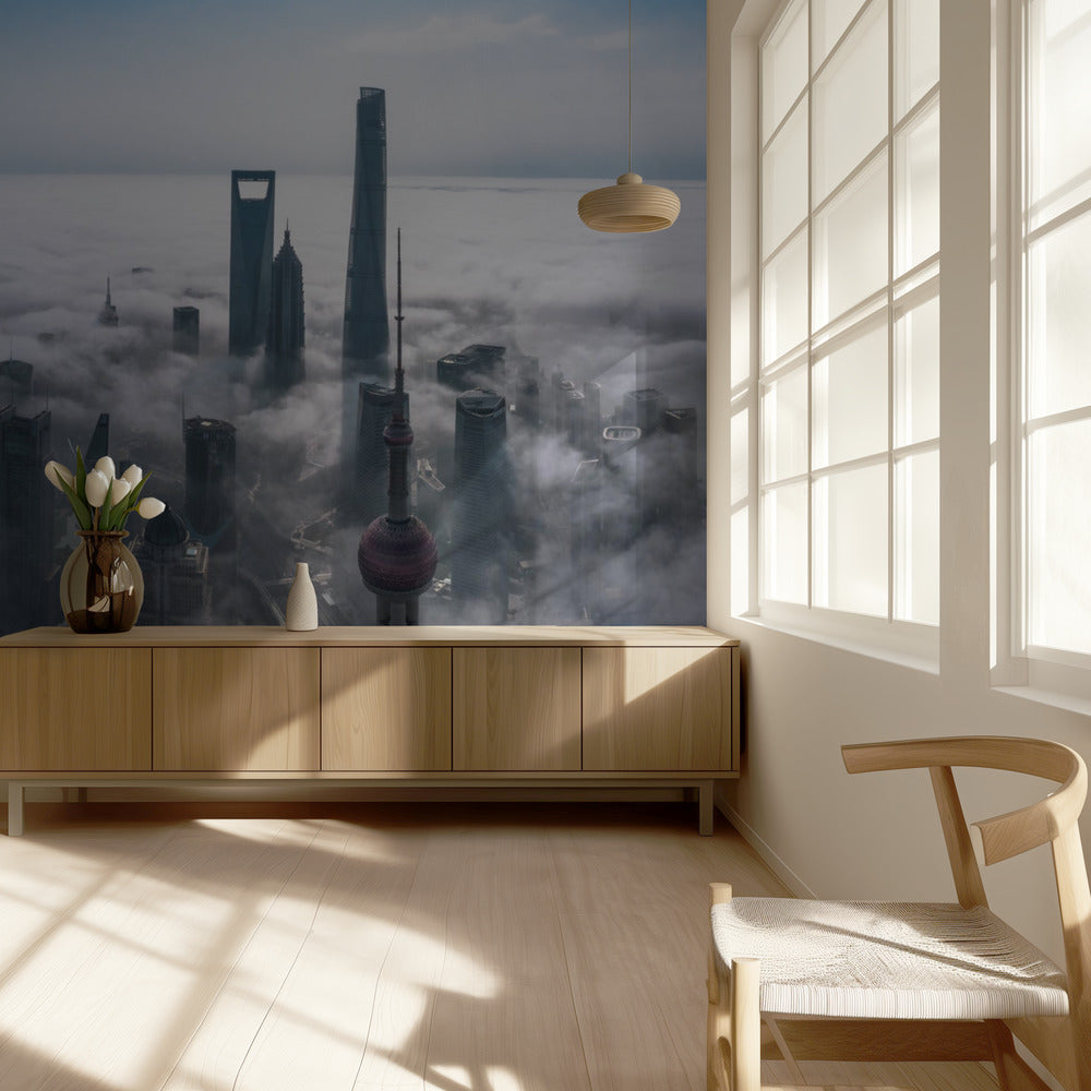 Shanghai im Nebel von oben | Fototapeten
