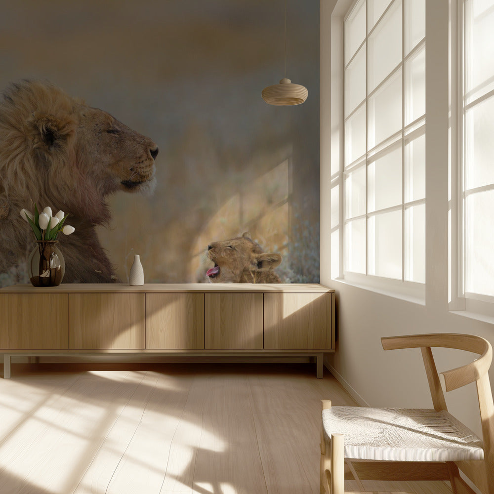 Lion mâle avec son petit | Papier Peint Photo