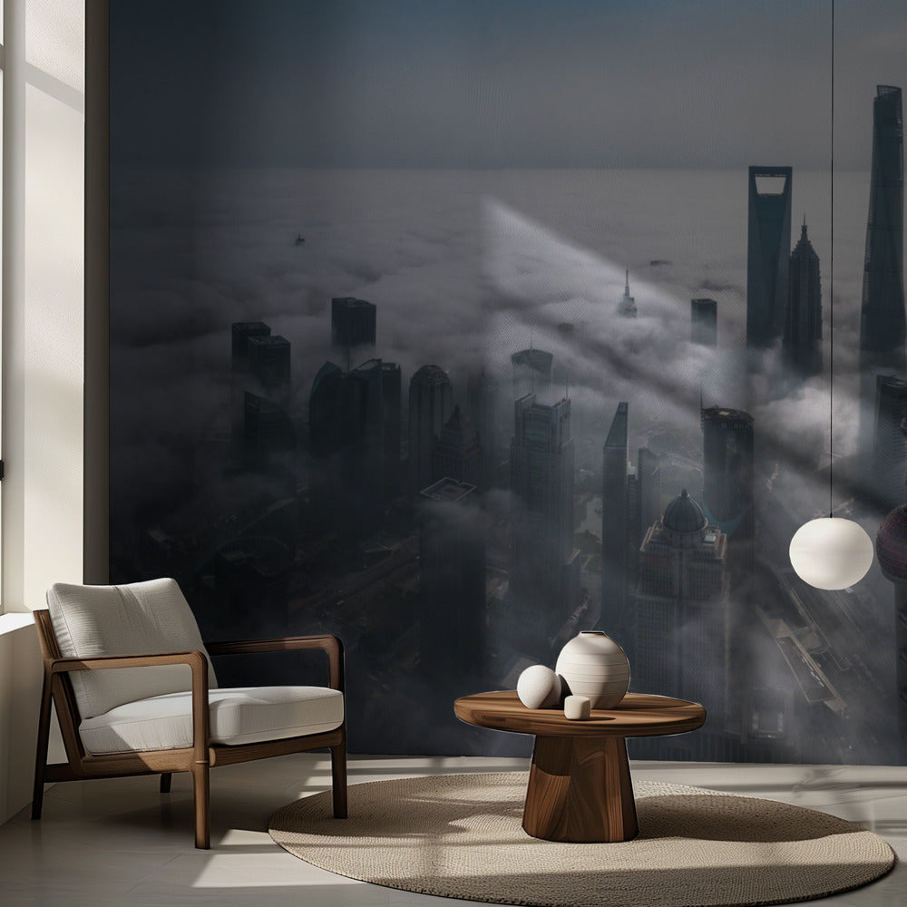 Shanghai im Nebel von oben | Fototapeten