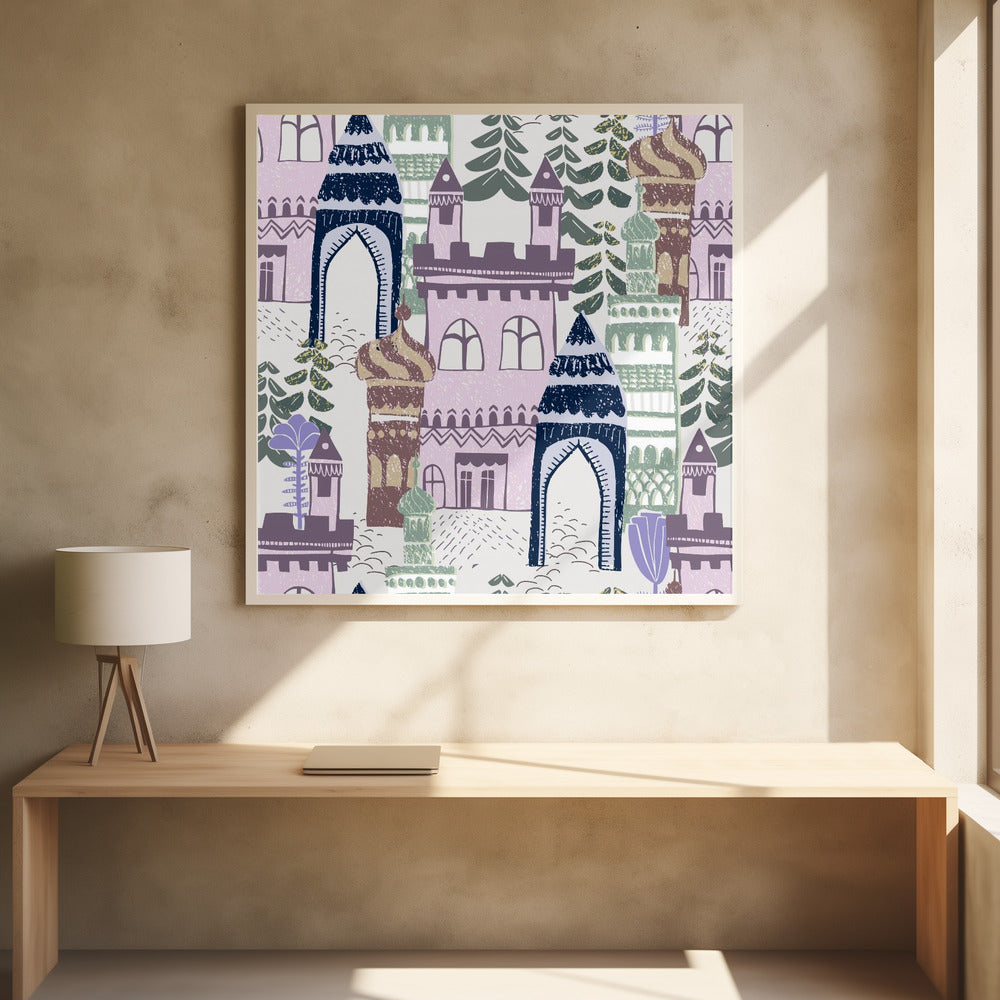 Blockdruck Home Castle Muster lila blau | Poster