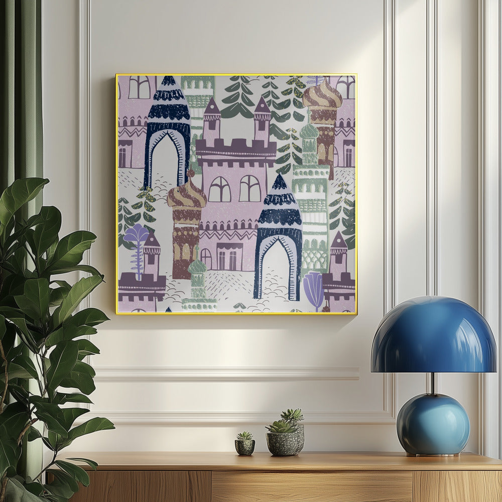 Blockdruck Home Castle Muster lila blau | Poster