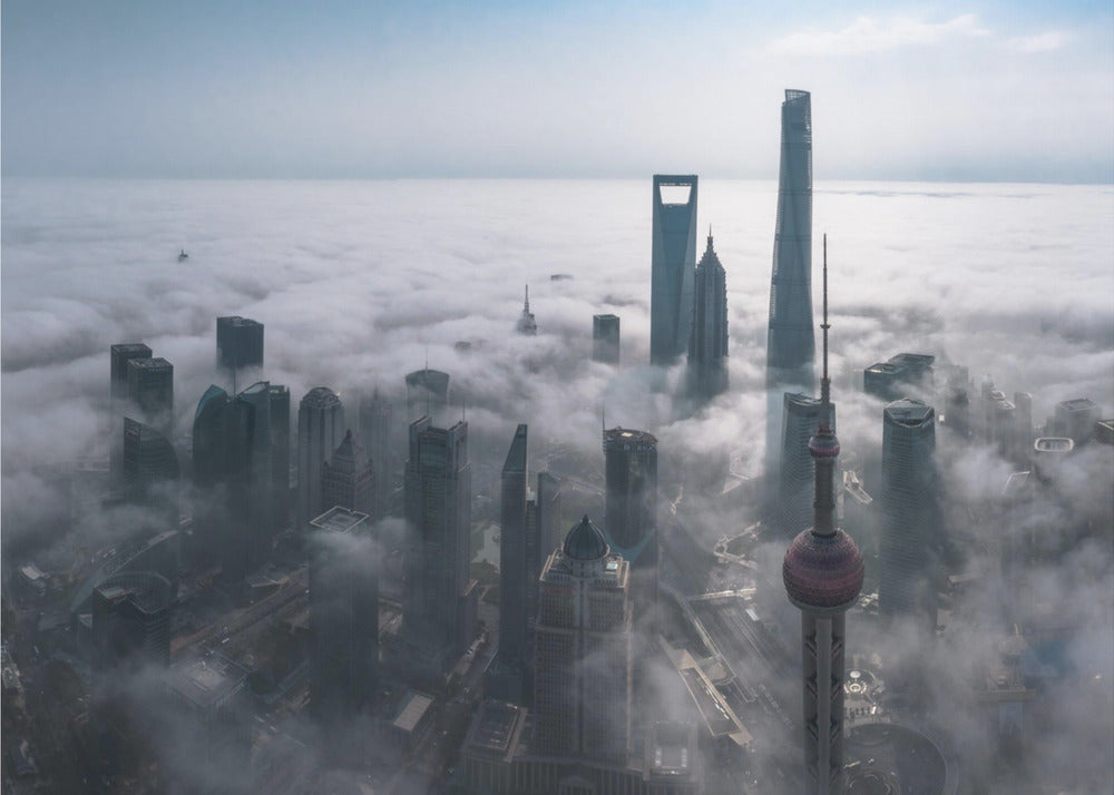 Shanghai im Nebel von oben | Fototapeten