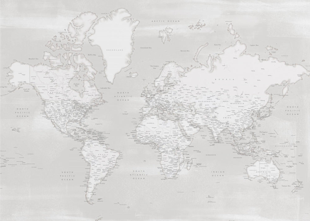 Carte du monde détaillée avec villes, Maeli neutre | Tableaux sur Toile