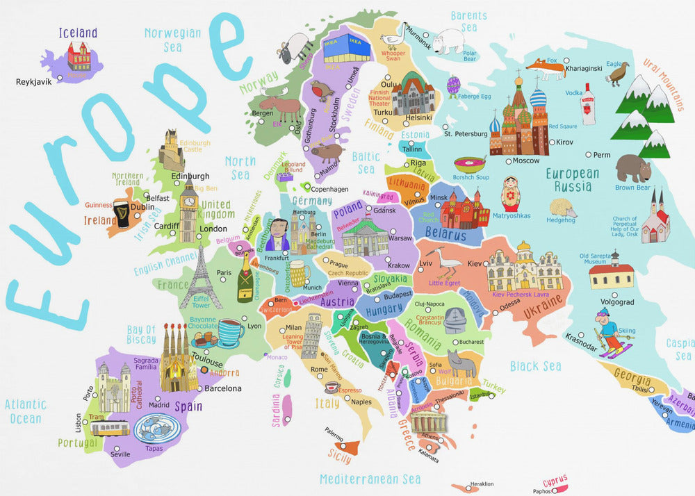 Mappa illustrata dell'Europa realizzata dall'illustratrice Carla Daly | Stampe su Tela