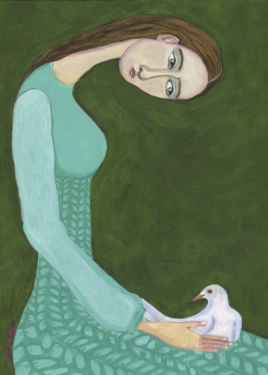 Lady sitting with white dove bird woman | Poster