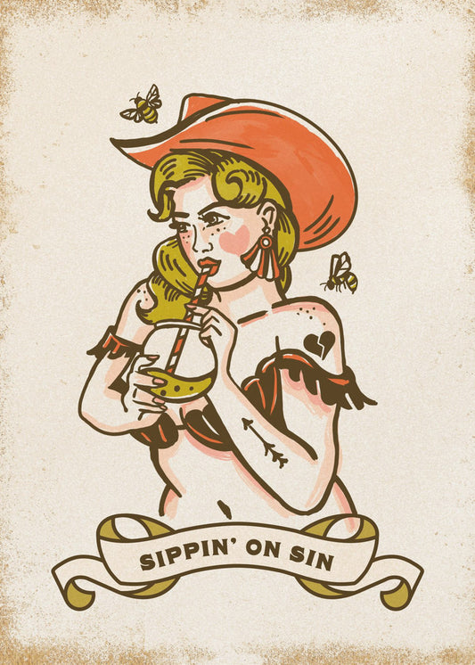 Sippin On Sin Sød & Fræk Cowgirl Kunst | Lærredsbilleder