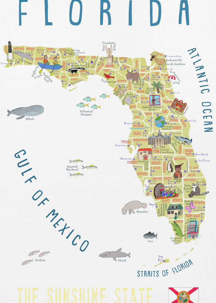 Kuvitettu Floridan kartta taiteilija Carla Dalyn toimesta | Canvastaulut
