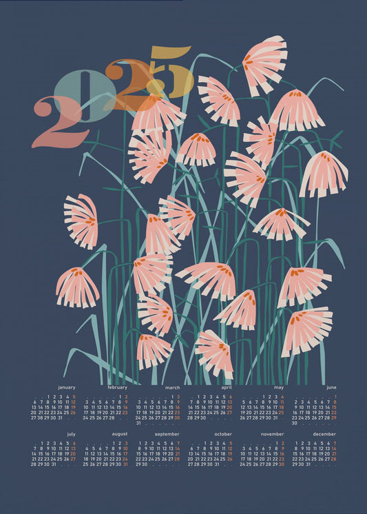 Kalender 2025 Linolschnitt Blumen blau | Poster