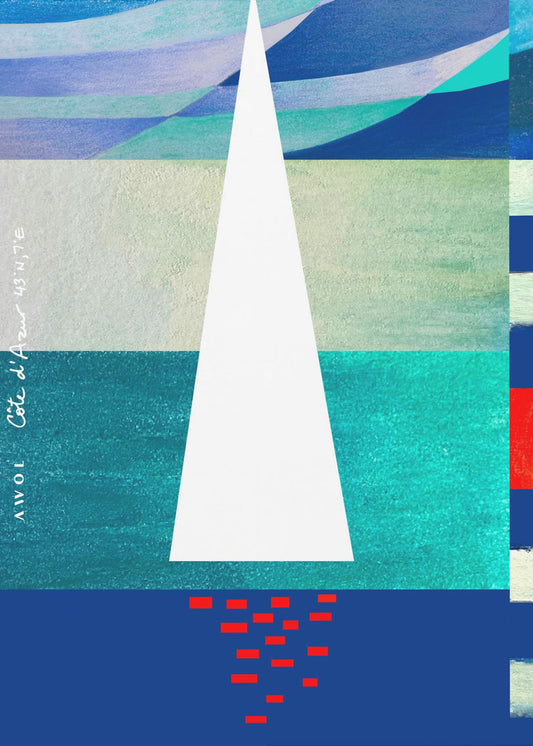 Voilier abstrait sur la Côte d'Azur, impression d'art colorée de la Côte d'Azur | Tableaux sur Toile