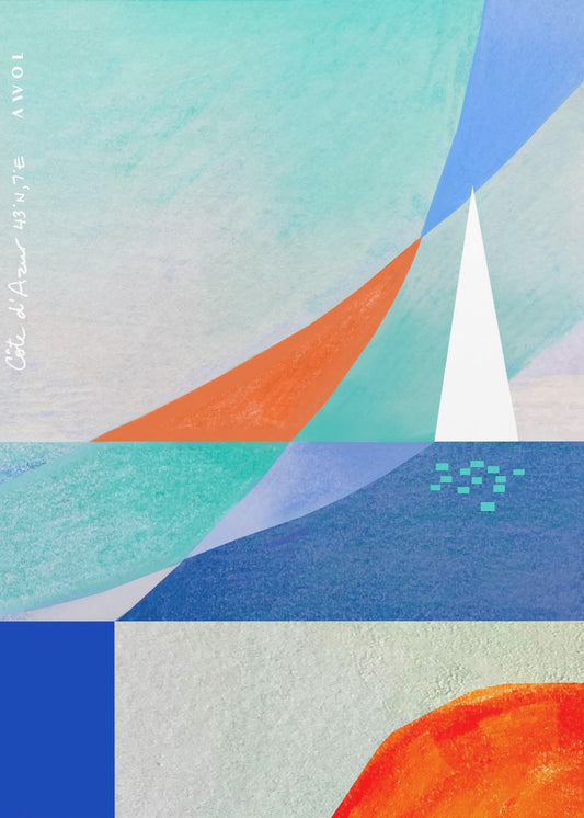 Paysage marin abstrait avec voilier blanc sur la Méditerranée, Côte d'Azur Art mural | Tableaux sur Toile