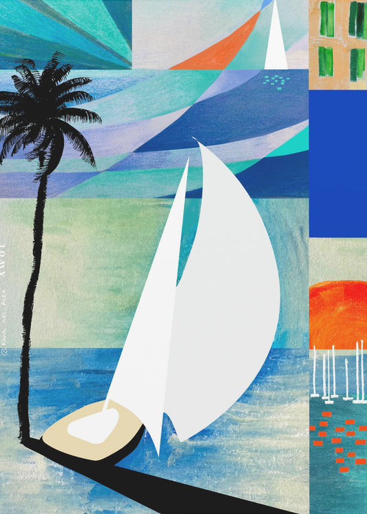 Impression d'art de voyage méditerranéenne colorée avec lever de soleil et palmier | Tableaux sur Toile