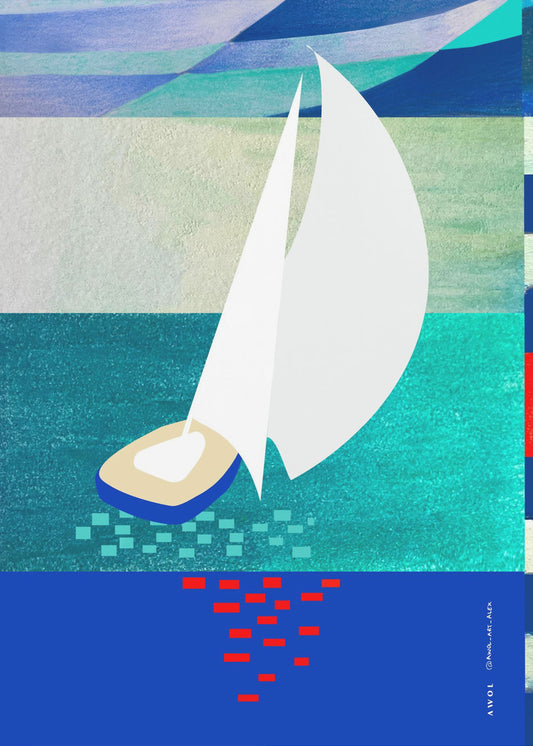 Voilier blanc avec reflets, art marin abstrait avec rayures graphiques | Tableaux sur Toile