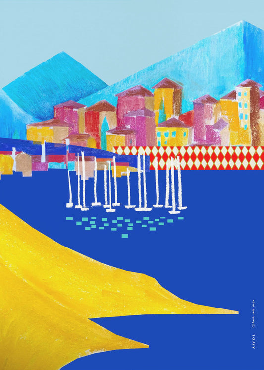 Ville portuaire colorée entre montagne et mer | Tableaux sur Toile