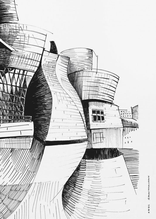 Bâtiment Guggenheim de Bilbao, dessin d'architecture moderne | Tableaux sur Toile