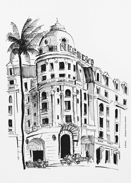 Impression d'art de Nice, Côte d'Azur avec dessin architectural de l'hôtel Negresco | Tableaux sur Toile